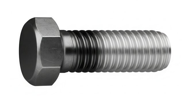 Shiny metallic hex head bolt on white background showing intricate threading and robust construction