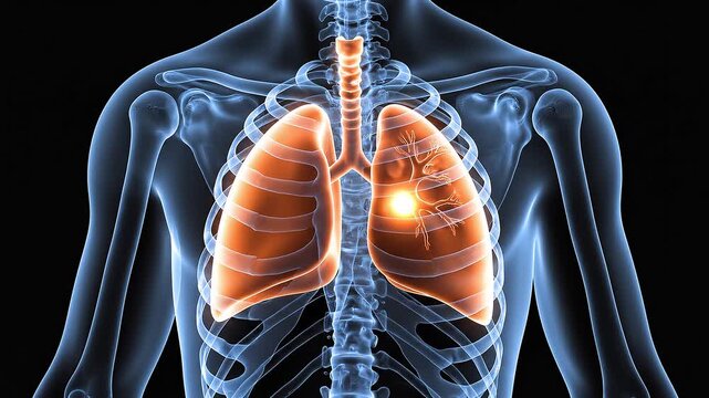 Human Lungs and Respiratory System with Cancerous Tumor.