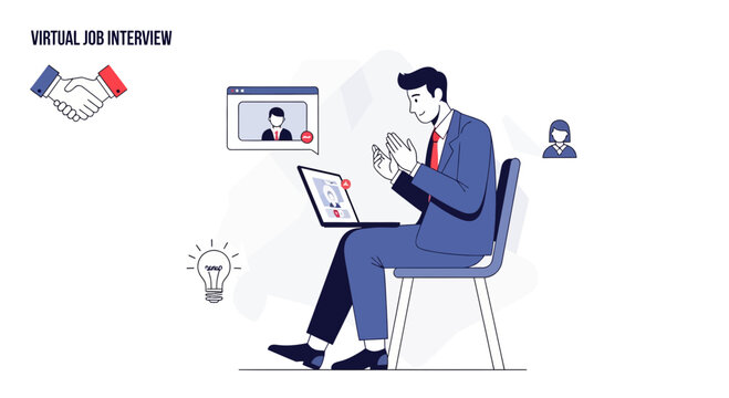Virtual Job Interview: Candidate on Video Call with Employer, Handshake Icon