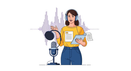 Fototapeta premium Voiceover artist recording audio with headphones and microphone, sound waves background