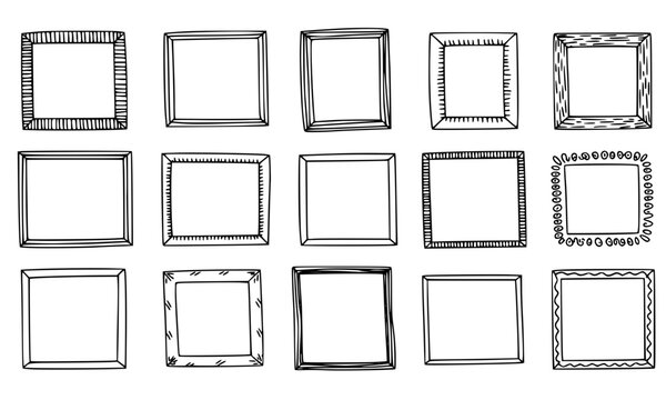 Large set of hand drawn square frames in various doodle and sketch styles, black freehand scribble borders and picture frame collection isolated on white background for creative design projects