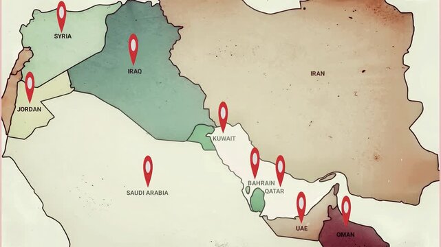 Map showing middle East countries with US military bases. US Military bases in countries. US israel Iran war. Geopolitical tensions and conflict. Stop war. World war. 4k video.