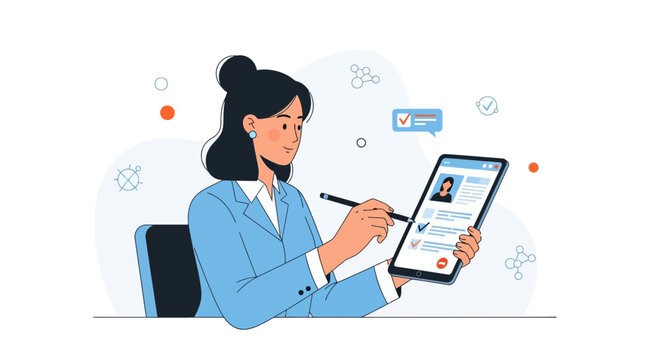 Woman filling out online form on tablet, digital signature, remote work concept