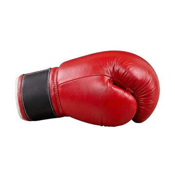 A single bright red boxing glove, captured from a dynamic side profile and photographed with a transparent background.