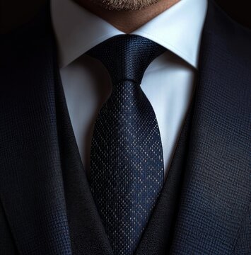 close-up of a man's lower face and torso wearing a navy three-piece suit, crisp white dress shirt and textured dark blue tie, conveying confidence and professionalism