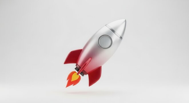 Sleek metallic rocket blasting off, a vibrant symbol of accelerated development and ambitious