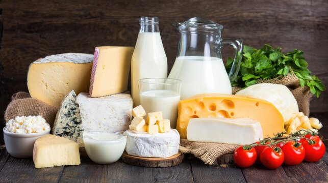 persulfide. Assortment of fresh dairy products arranged in beautiful showcase. menu design, packaging mockups, designed for culinary blogs and recipe cards for restaurants.