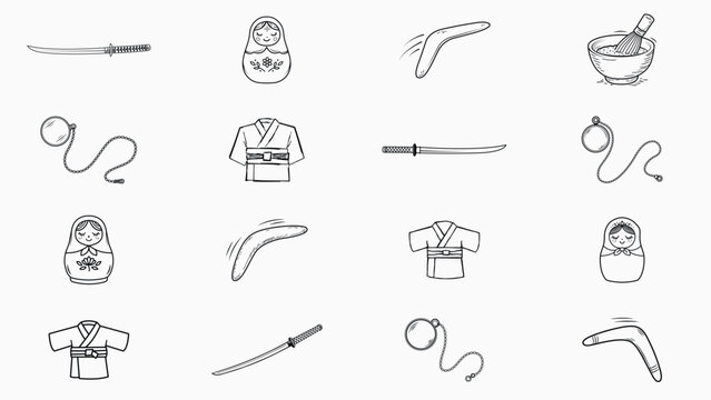 Minimalist Hand-Drawn Vector Icon Set Bundle Featuring 16 Black Line Illustrations of Japanese Kimono, Katana Sword, Matcha Tea, Russian Matryoshka Dolls, Boomerangs, and Vintage Monocle Eyewear.