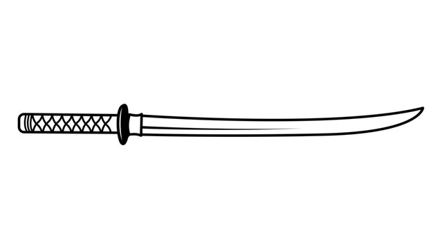 Minimalist black line vector icon illustration of a traditional Japanese katana samurai sword, hand-drawn outline style on a white background, clean scalable SVG graphic for creative design.