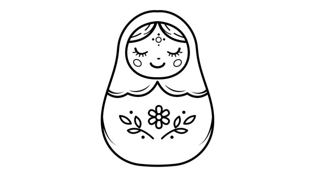 Matryoshka Doll Vector Icon: A minimalist black line illustration on a white background representing a traditional Russian nesting doll with floral patterns, hand-drawn outline style, scalable.