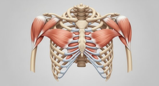 Detailed anatomical illustration of human skeletal and muscular systems of the upper torso and