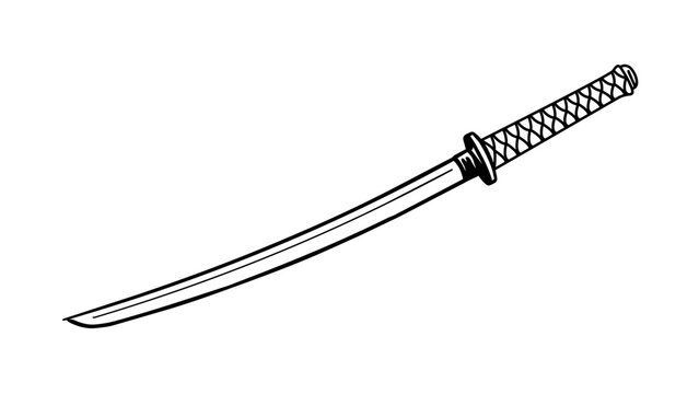 Samurai Katana Sword Minimalist Black Line Vector Icon on White Background. Hand-Drawn Japanese Blade Illustration with Editable Stroke for Custom Line Weight, Scalable Graphic Design.