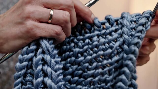 Extreme close up shot of a person's hands skillfully knitting a warm garment with thick, blue yarn and metal needles, creating a beautiful cable stitch pattern for a cozy sweater or scarf