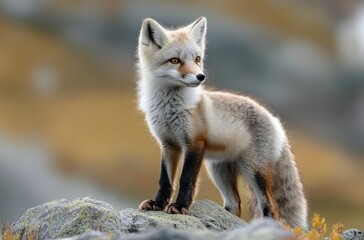 Fototapeta premium alert young fox standing on a mossy rock in a golden blurred landscape, curious and poised