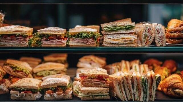 Display of sandwiches and pastries in a shop