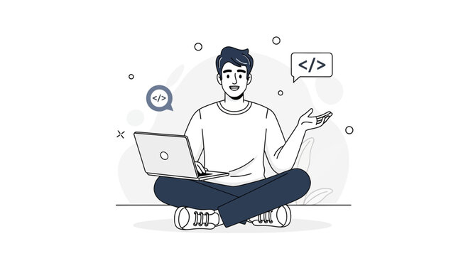 Programmer coding on laptop, smiling, with code symbols in speech bubbles