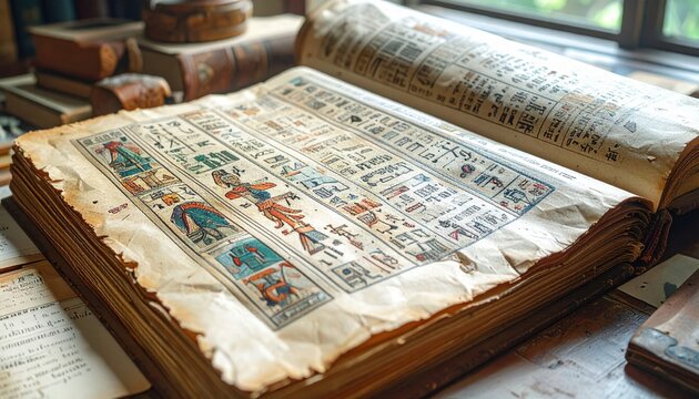 Detailed ancient Mayan codex page, vibrant glyphs and figures, rich historical manuscript for study and cultural exploration.