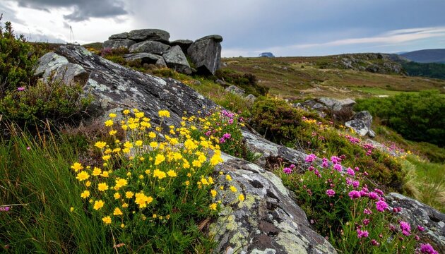 Rocky landscape with colorful wildflowers