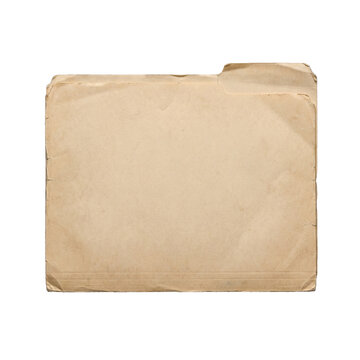 Old closed manila folder, worn and aged, showing front with tab, isolated on transparent background for design.