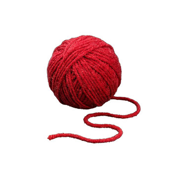 Single ball of vivid red yarn with a short, gracefully curving loose strand, isolated on a transparent background.