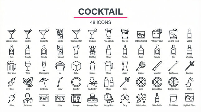 A professional set of sixty minimalist cocktail and bar line icons featuring a wide variety of drinks, glassware, and mixology tools