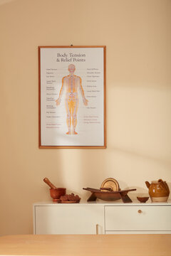 Acupuncture meridian body chart displayed on wall above herbal preparation cabinet in traditional oriental medicine clinic interior.