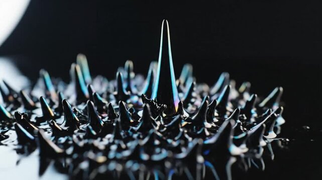 Mesmerizing close-up of ferrofluid's dynamic spiked patterns with vibrant iridescent reflections on black background