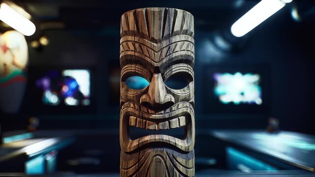 Close up of wooden tiki mask with glowing eyes in dark room.