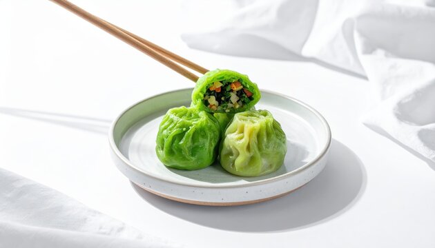 Vibrant green steamed vegetable dumplings presented on a white plate with chopsticks, revealing a colorful fresh filling.