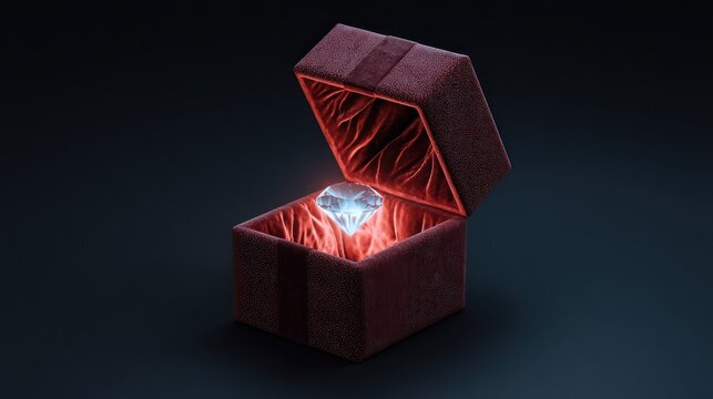 Diamond in open jewelry box with glowing interior