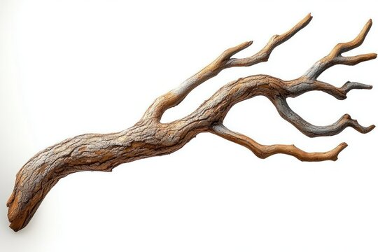 Solitary gnarled tree branch with textured bark and twisting offshoots on a clean white background, evoking rustic minimalism and calm