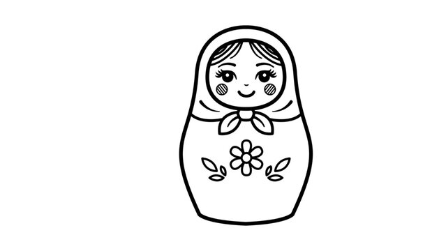 Matryoshka Doll Vector Icon: A minimalist black line illustration of a traditional Russian nesting doll on a white background, hand-drawn outline style for cultural and folk art design projects.