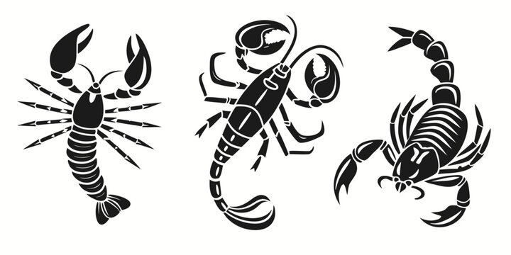 Set of black silhouette illustrations of scorpions and lobsters with scorpion silhouette crustacean arthropod predator illustration collection isolated creature wildlife arachnid