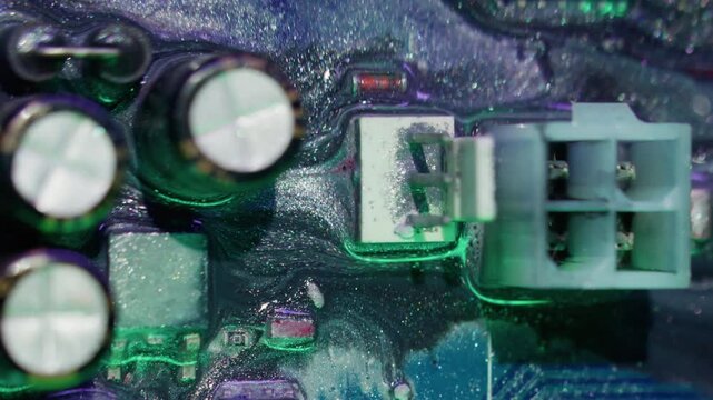 Dye spill. Digital hardware. Blur purple blue neon color sparkling liquid round microchip glitter texture leak on abstract background.