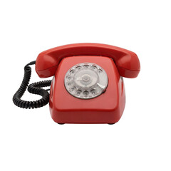 Front view of a vibrant red vintage rotary telephone with a classic dial, isolated on a transparent background. © Caroline