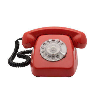 Front view of a vibrant red vintage rotary telephone with a classic dial, isolated on a transparent background.