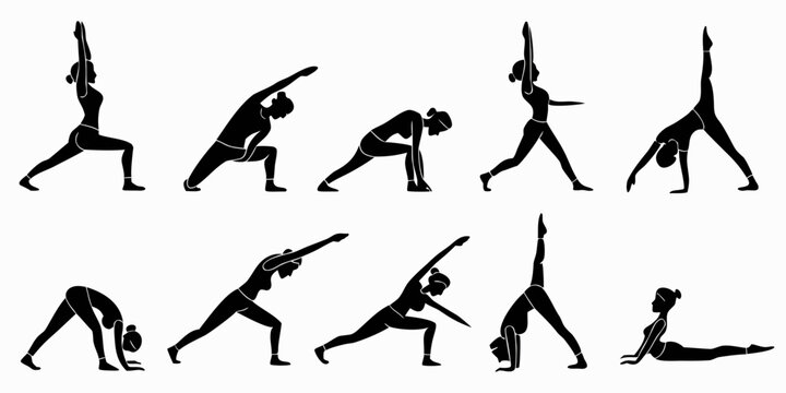 Yoga practice silhouettes collection of women in stretching and strength asanas with silhouette exercise flexibility training lifestyle wellness gymnastics meditation activity practice