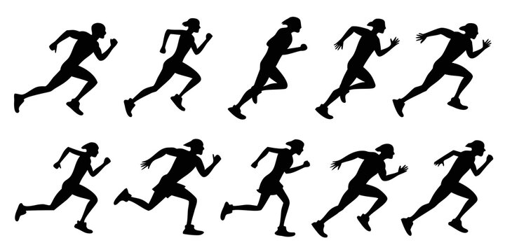 Collection of ten various running person silhouettes in action pose with silhouette exercise training movement lifestyle character isolated background collection illustration endurance