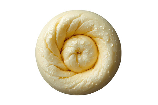Oaxaca cheese, or quesillo, showing its fresh, coiled spiral form and moist texture with water drops, isolated on transparent