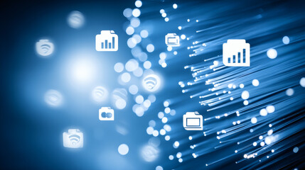 Naklejka premium macro composition of diagonal fiber optic bundle emitting blue and cyan light, floating folder icons hover above subtle laptop interface, glowing blue bar chart graph visible at focal point, 
