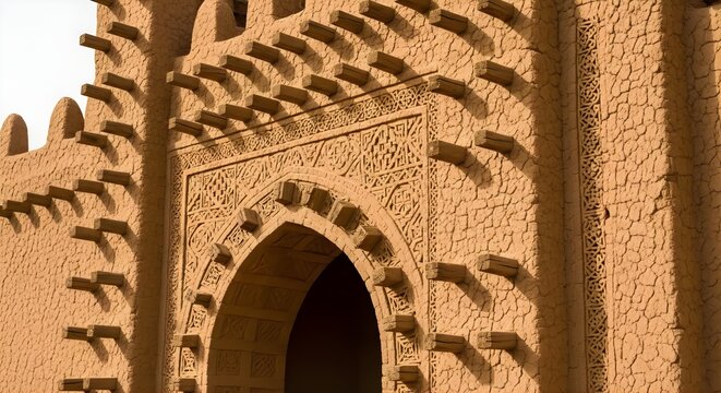 Ancient Mud Brick Architecture with Intricate Carvings and Wooden Beams.