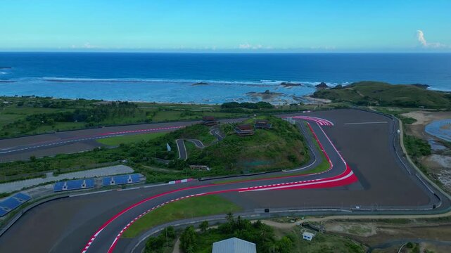 Mandalika racing track Street Circuit ocean beach. Nice aerial view drone