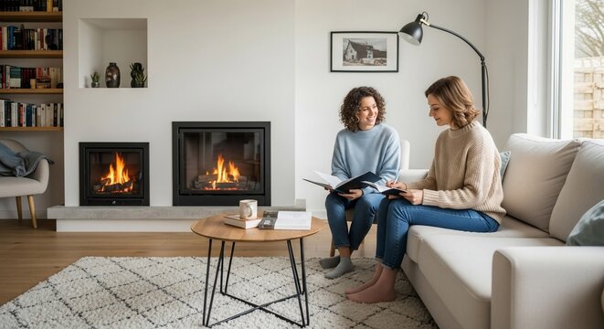 Two women looking book in modern living room