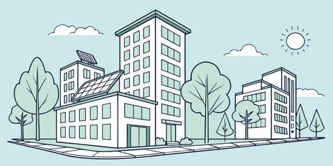 Obraz premium Eco Friendly Green City Skyline Vector Illustration with Solar Panels and Trees