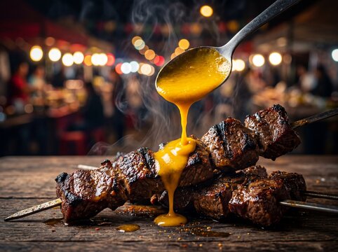 Drizzling yellow sauce over hot anticuchos meat skewers at a night market