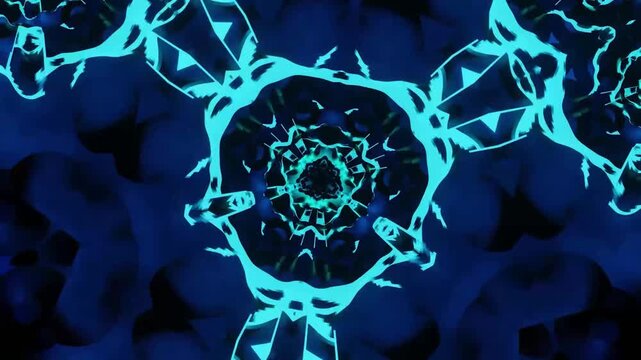 A close-up view of a vibrant blue neuron pattern with a glowing center on a dark background with a shallow depth of field.