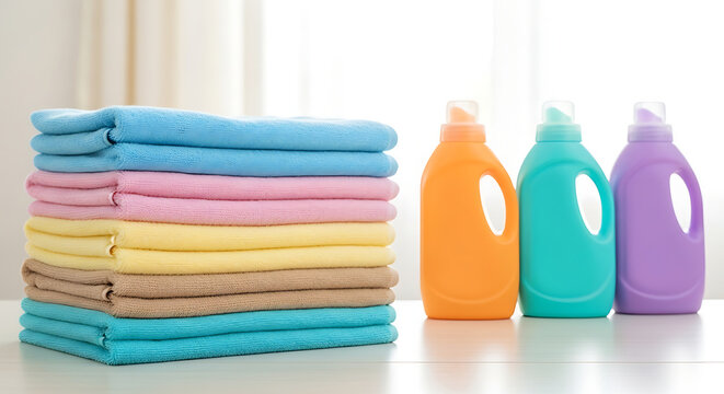 Stack of colorful microfiber cleaning cloths with spray bottles on white background