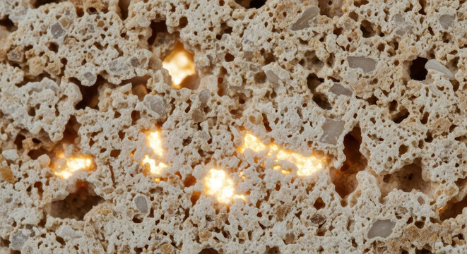 Close-up of Porous Natural Rock with Glowing Light Reflections