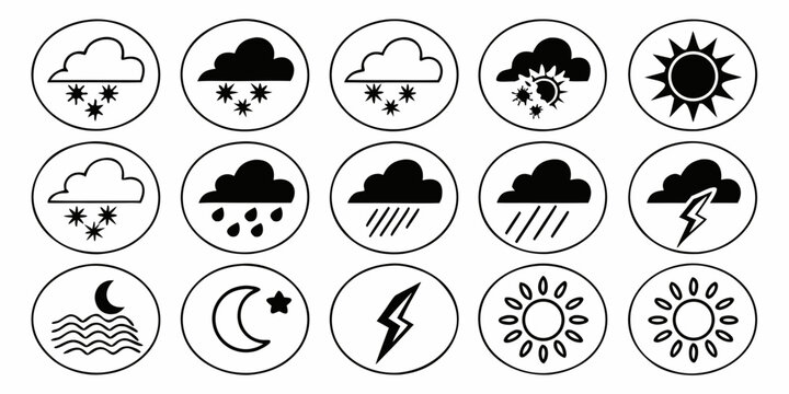 Comprehensive meteorological weather forecast icons set enclosed in circles silhouette style with forecast meteorology collection lightning temperature environment illustration silhouette