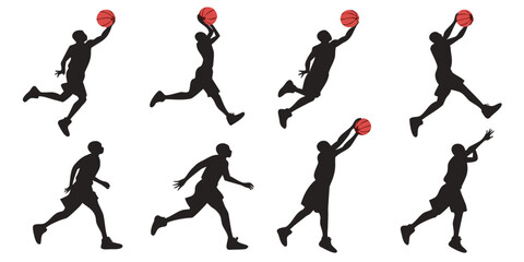 Basketball player black silhouettes in various action poses with red ball basketball silhouette shooting dribbling competition exercise activity training athletic movement gameplay © Meraj